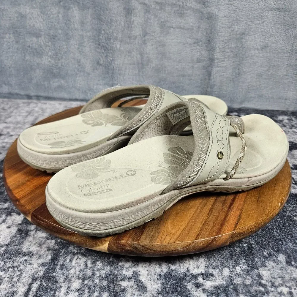 Merrell Hollyleaf Womens Taupe Leather Comfort Thong Sandals Flip Flops Shoes 11